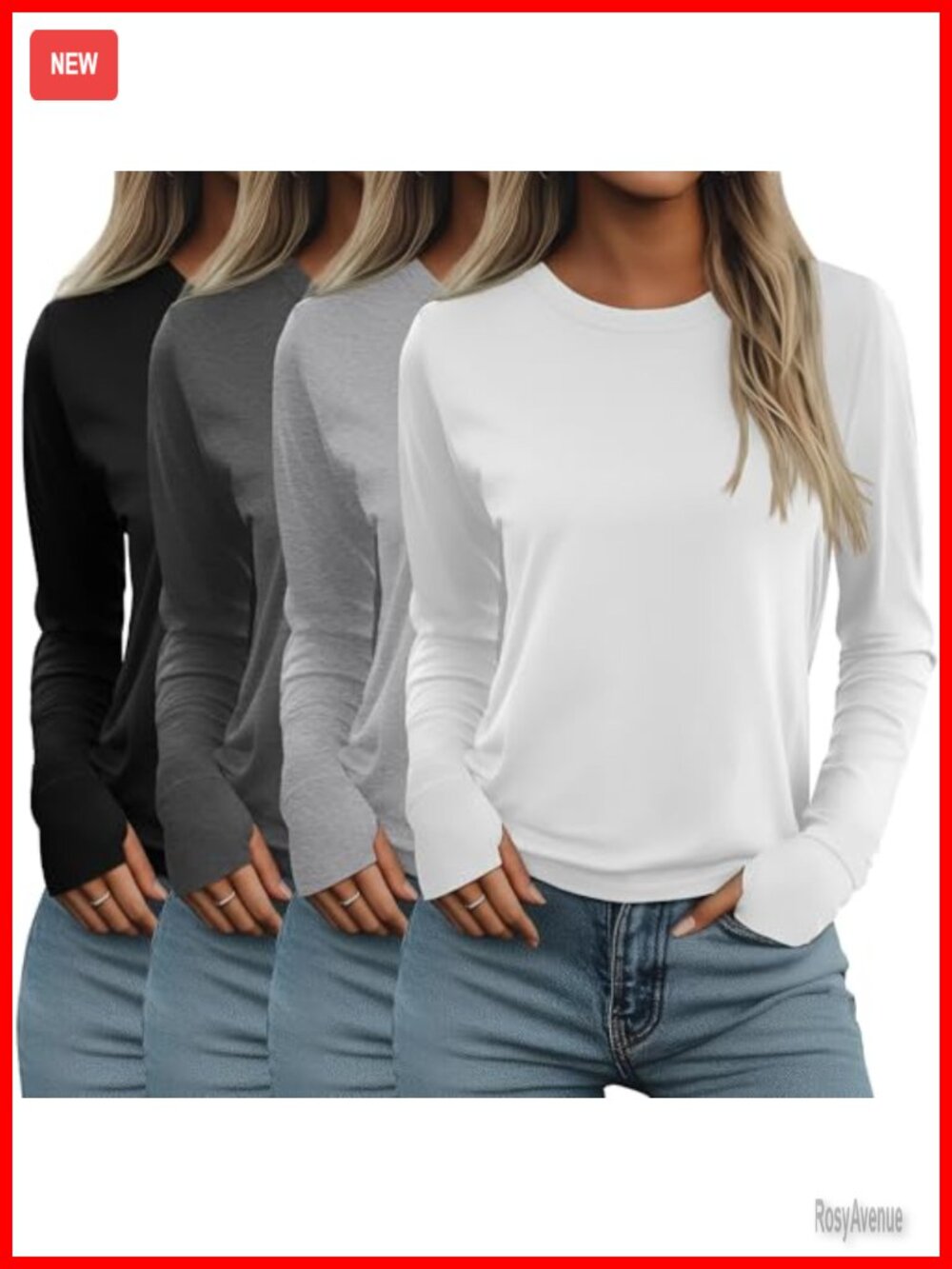 Womens Long Sleeve Thumb Hole Shirts 4 Pack Loose Fit Tunic Tops